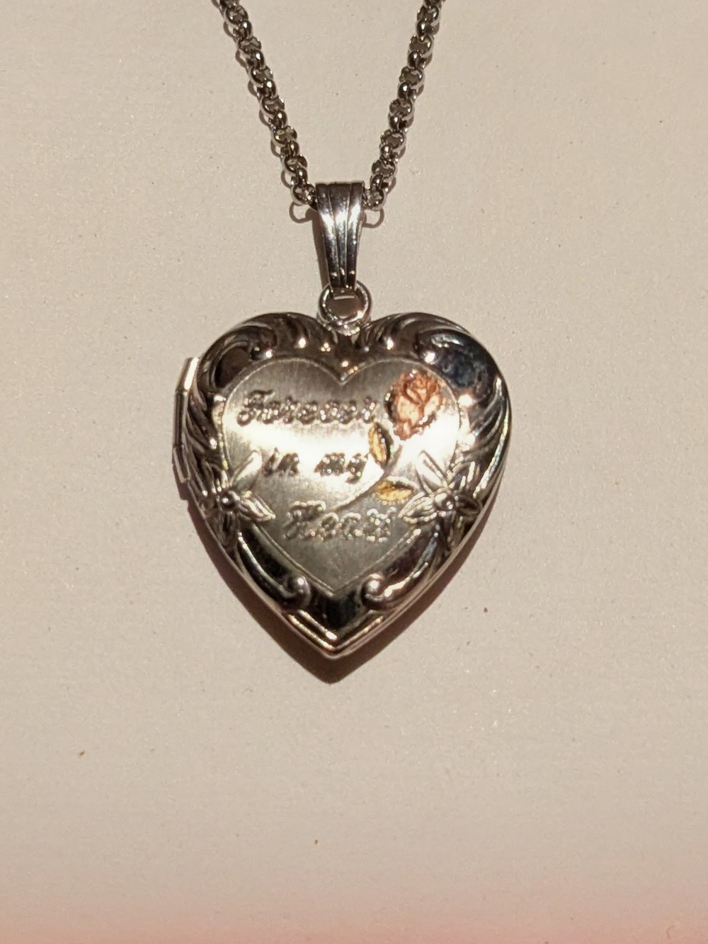 Heart Locket Necklace in Silver with Rose Accent